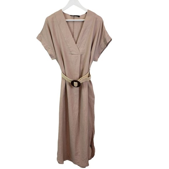 Zara Dresses Zara Linen Blend Cap Sleeve Belted Midi Dress Poshmark